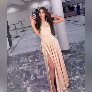 Elegant Cream Champagne Satin Evening Gown